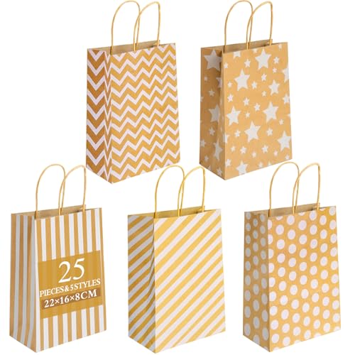 Aurinovellia 25 Pieza Bolsas Papel Kraft, Bolsas de Papel Kraf Regalo Pequeñas con Asas, para Embalaje Bodas Navidad Fiestas de Cumpleaños, 22×16×8cm