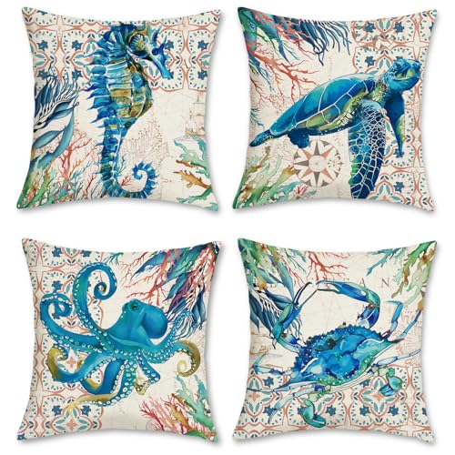 Bonhause Juego de 4 Funda de Cojín 45x45cm Tortuga Marina Animal del Océano Caballo de mar Pulpo Cangrejo Coral Poliéster Lino Fundas de Almohada para Cojines Decorativos para Sofá Cama Coche Hogar