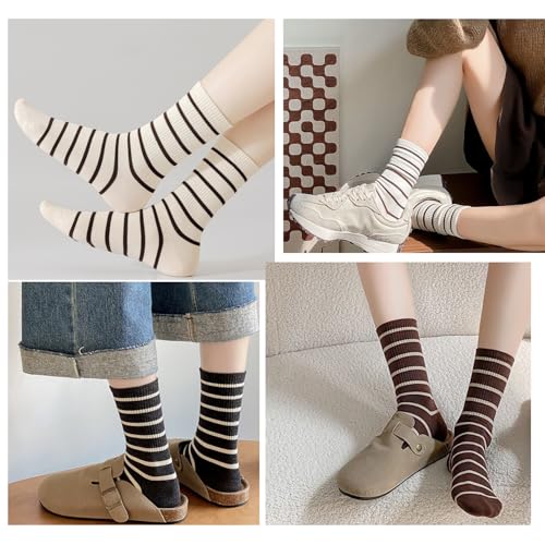 Image of Deeorla Womens Striped Crew Socks Brown Vintage Retro Athletic Socks 5 Pairs