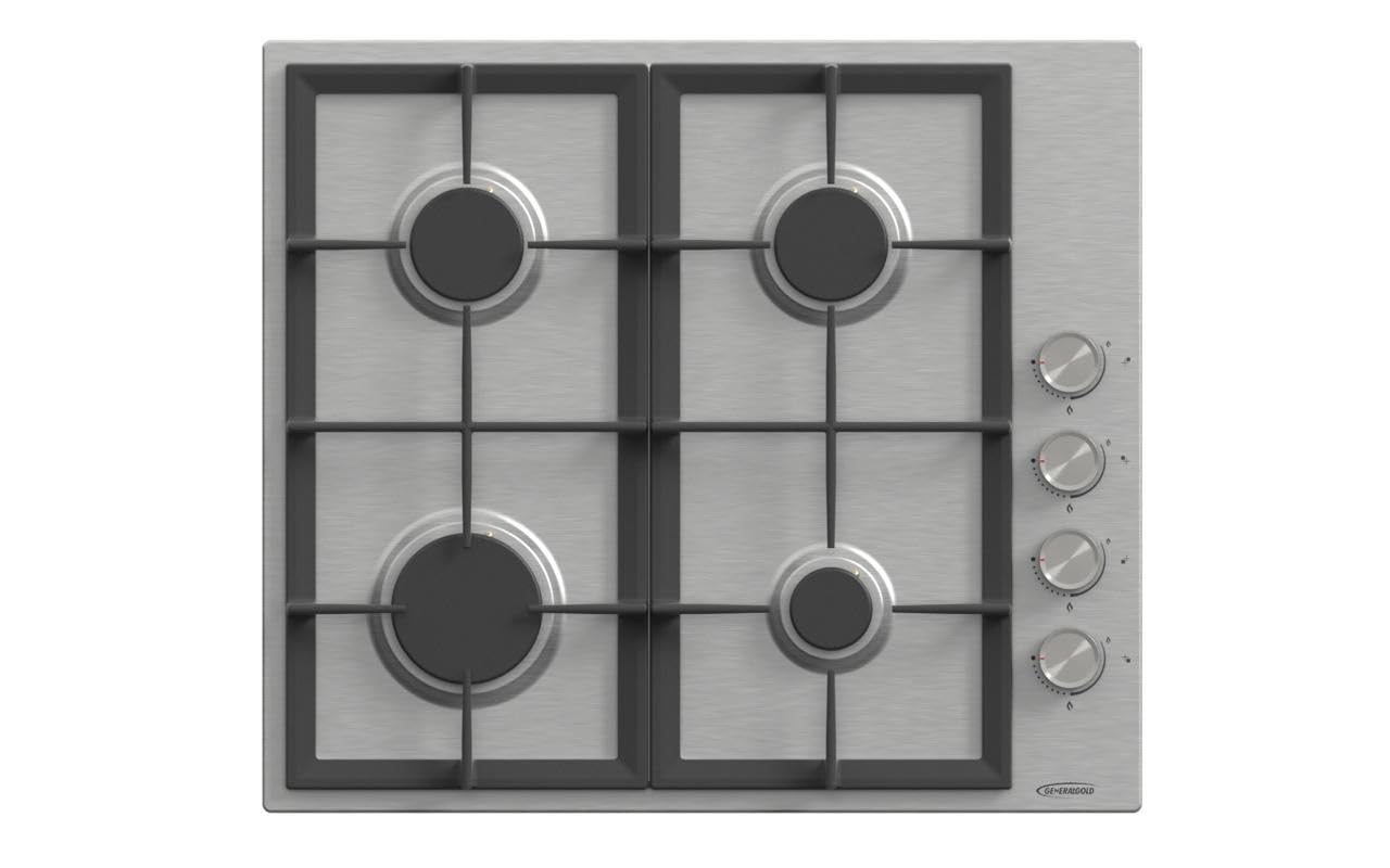 General Gold 4 Burner Gas Hob 60 cm, Stainless Steel Body, Built-In Gas Cooktop with Auto Ignition, Side Control, Sabaf Burners, Cast Iron Pan Supports, Modern Built in Gas Stove Cooker