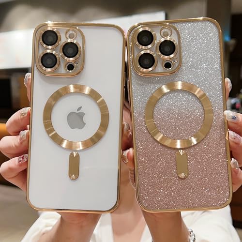 Image of Misscase for iPhone 15 Pro Magnetic Glitter Case Compatible with MagSafe,Camera Lens Protector Full Protection Elegant Anti-Scratch Dust-Proof Net Case Cover for iPhone 15 Pro Gold
