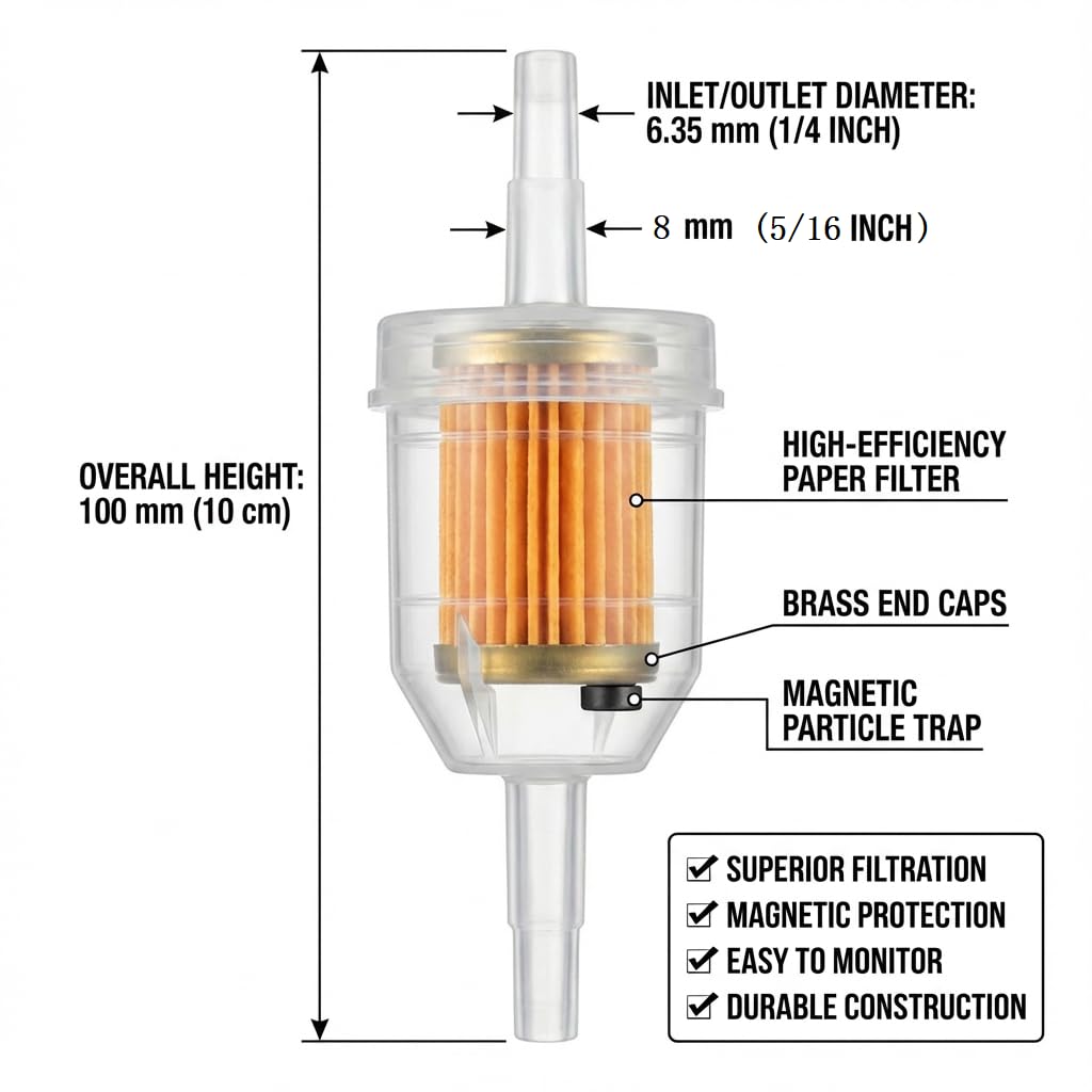 Gas Inline Fuel Filters with magnet for Kawasaki Kohler Briggs & Stratton John Deere 1/4 Inch x 5/16 Inch (Pack of 10)