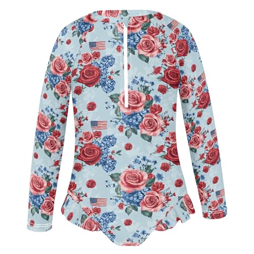Independence Day Rose American Flag Girls Long Sleeve Rashguard Swimsuit UV Protection One-Piece Swimwear B04047922