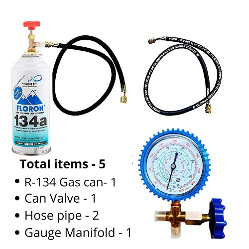 Image of R-134 Gas Can Combo Set for Refrigerator Car Comes with (1 Gas CANS) 1 Valve | 2 Hose Pipes | 1 Single Gauge Manifold