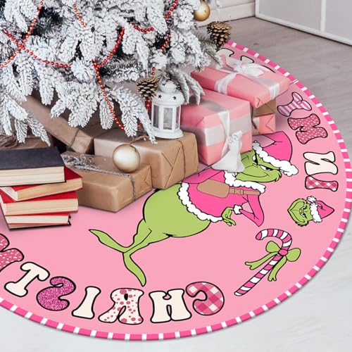 Christmas Tree Skirt Greenchmas Pink Christmas Tree Mat Decoration for Farmhouse Indoor New Year Decor Christmas Party Supplies 48 Inch