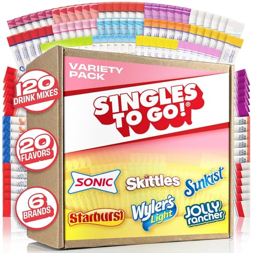 Singles To Go! 120Ct Bulk Variety Pack - 20 Different Flavors From Skittles, Sonic, Sunkist, Starburst And More - Sugar Free Drink Mix Packets - Sugar Free Water Flavoring Packets