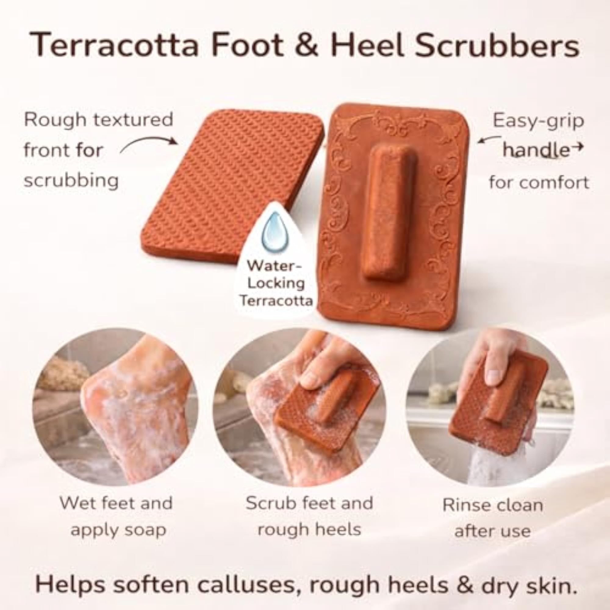 Natural Terracotta Square Foot Scrubber Set of 2