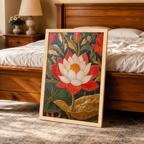Image of PAINTINGMANTRA Traditional Indian Textured Embossed Lotus Framed Wall Art Painting for wall decoration, Red & Gold Blooming Lotus Motifs Poster with frame for living room, bedroom, Home and office, 10x13 Inch