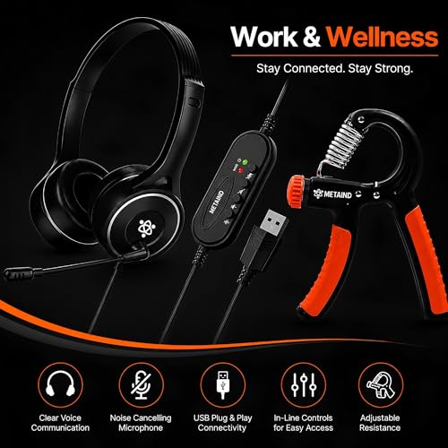 Image of Metaind USB Headset with Noise Cancelling Mic Meta MT30 & Adjustable Hand Gripper Combo | Wired Headphones for Office, Gaming, Online Classes, Work from Home