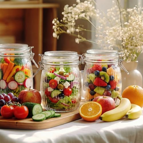 Image of 25 oz Wide Mouth Glass Mason Jars with Airtight Lid 6 Pack, Glass Canister, Striped Clip Fastening Jar for Kitchen Storage Canning, Oat, Coffee, Pasta, Snack, Nut, Candy and Pickling Food