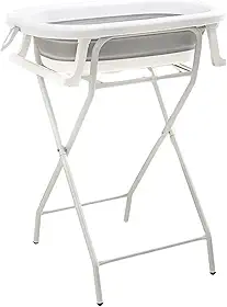 PIPDIP Kit Banheira Dobrável de Bebê, Infantil, Modelo 3 em 1, Com Encosto, Capacidade de até 44 Litros, Portátil, Suporte de Altura, Plástico e Borracha e Ferro, Branco e Cinza.