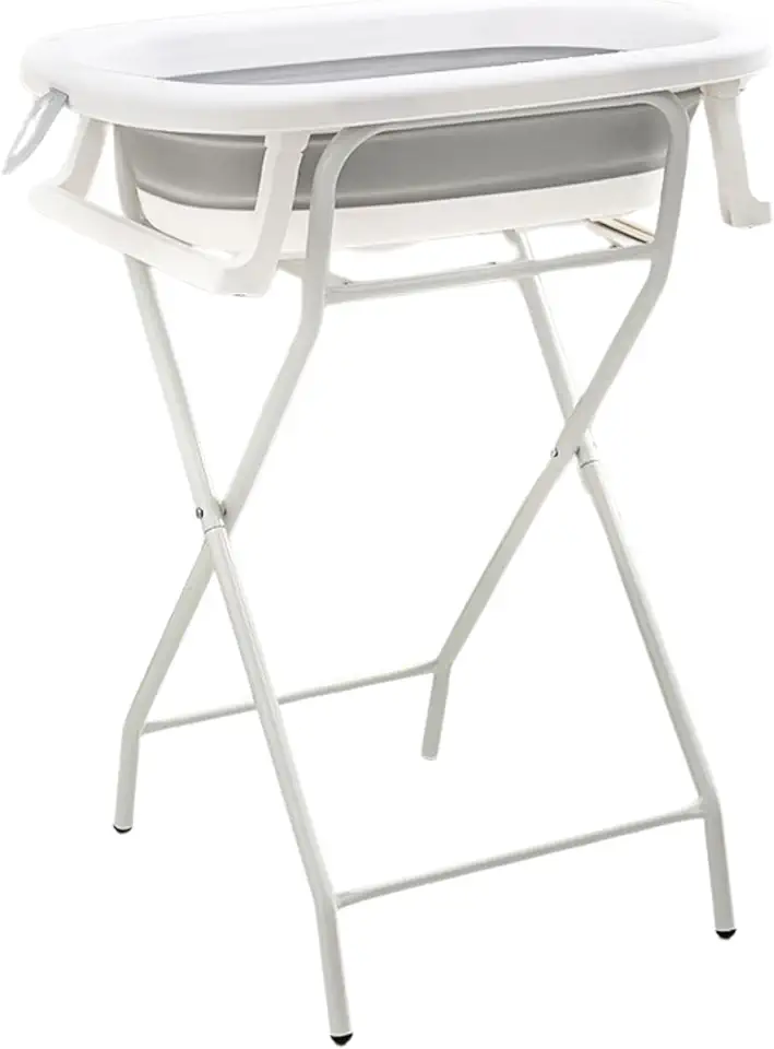 PIPDIP Kit Banheira Dobrável de Bebê, Infantil, Modelo 3 em 1, Com Encosto, Capacidade de até 44 Litros, Portátil, Suporte de Altura, Plástico e Borracha e Ferro, Branco e Cinza.