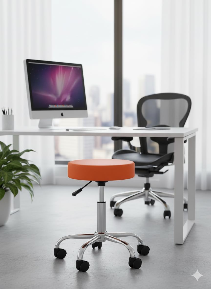 Adjustable Rolling Office Bar Stool, Orange Cushioned Seat, Chrome Base with Wheels