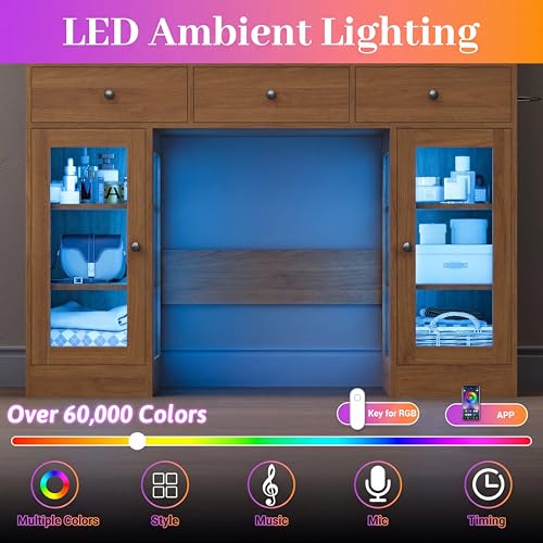Image of Wodeer Makeup Vanity Desk with Mirror and Lights, Vanity with Glass Top, LED Lights & Power Outlet, 3 Drawers & 2 RGB Glass Cabinets, Adjustable Lighted Dressing Table for Women & Girls Bedroom,Walnut