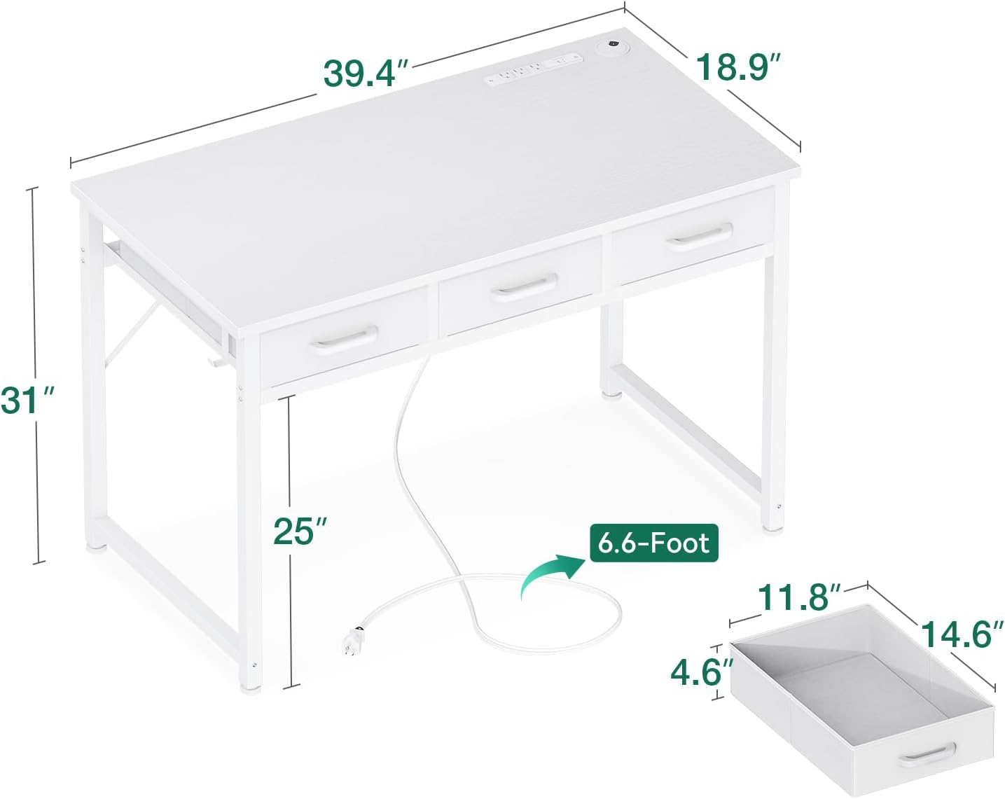 AODK 40 Inch Small Computer Desk with 3 Fabric Drawers, Office Desk with USB/Type-C Charging Ports & Power Outlets, Vanity Desk with Iron Hook for Bedroom, Study/Writing/Work Table for Bedroom, White