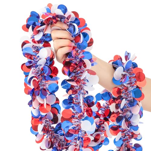 Image of 33FT 4th of July Patriotic Tinsel Garland Red White Blue Glitter Metallic Twist Foil Tinsel Garland for Independence Day Memorial Day Party Door Tree Indoor Outdoor Decoration