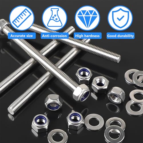 TTYSHIP® 12 Stück Gewindestange M8, 304 Edelstahl Gewindestange M8 x 100mm mit 24 Sechskantmutter und 24 Unterlegscheiben für Die Maschinen und Möbelherstellung