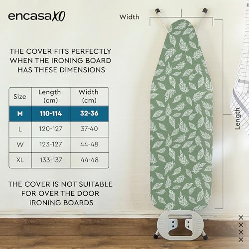 Image of Encasa XO Ironing Board Cover with 3mm Thick Felt Pad for Steam Press (Fits Standard Medium Boards of 112x34 cm) Heat Reflective, Scorch & Stain Resistant, Printed - Big Leaves Green