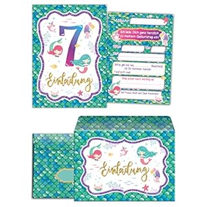 Junaversum Lot de 12 cartes d’invitation avec 12 enveloppes pour 7e anniversaire d’enfant fille sirène