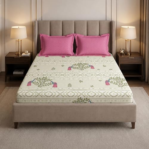 Image of MYTRIDENT Soft Comfort Bedsheet for Double Bed King Size | 72 Inches x 78 Inches + 12 Inches | 180 TC, 100% Cotton, Elastic fittedsheet with 2 Pillow Covers | Soft and Breathable - Ritvi