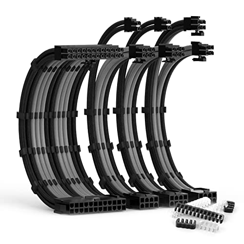Image of PSU Cable Extension Kit with Two Sets of Cable Combs 1x24Pin /1x8Pin(4+4) EPS /2x8Pin(6P+2P) PCI-E / 30CM Length,PC Sleeved Cable for ATX Power Supply(Black /Gray)