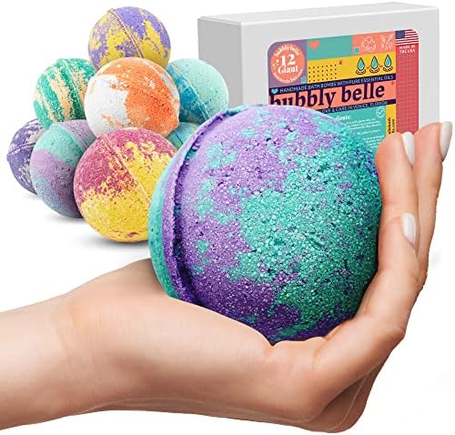 Bubbly Belle Bath Bombs XXL Gift Set, 12 Extra Large Handmade Aromatherapy Fizzies with Essential Oil Blends and Epsom Salt, Vegan for Women, Men, Kids