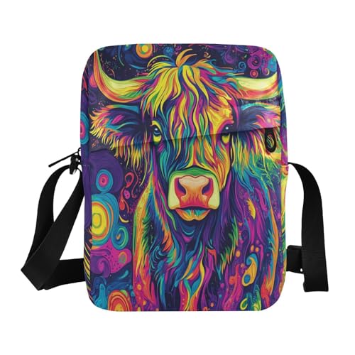 messenger bag for women crossbody mens shoulder bag Womens Casual Purses Adjustable Strap for outdoor sports outdoor sports- Highland Cow Colorful Psychedelic