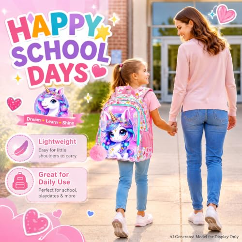 Image of WZLVO 3PCS Kids Backpack for Girls, Unicorn Dinosaur Animal Prechool Elementary Kindergarten School Bookbag with Lunch Box