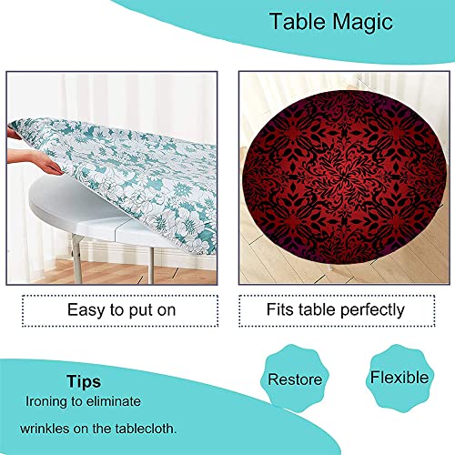 Red And Black Round Table Cloth, Mandala Oriental Design Flowers And Leaves Frame Image, Elastic Edge, Suitable For Wedding/Banquet/Restaurant/Party, Fit For 48" Table, Vermilion Black #TOP4