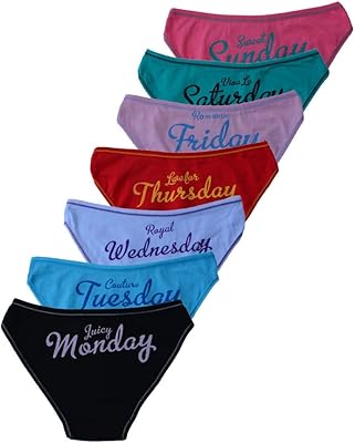 7 Pack Women Knickers Cotton Underwear Ladies Panties Week Days Printed Briefs (L) Black