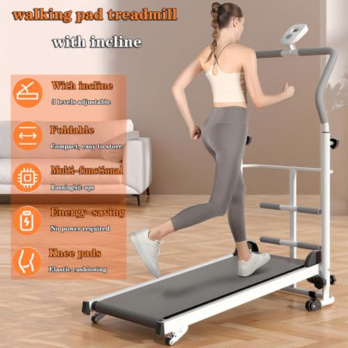 Image of Portable Folding Walking Pad Treadmill with Incline & Handle Bar - Compact Manual Running Machine for Home, Small Spaces, Kids, Adults & Seniors