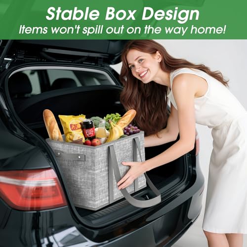 Fab totes Reusable Grocery Bags, Large Foldable Shopping Tote Bags with Reinforced Handles & Hard Bottom,3 Pack,Grey - Thumbnail 6