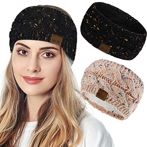 JFAN Headbands Women Winter Ear Warmer Soft Furry knitted Hair Band 2 Pieces Colored Blacak+Pink, Colored Black+Beige