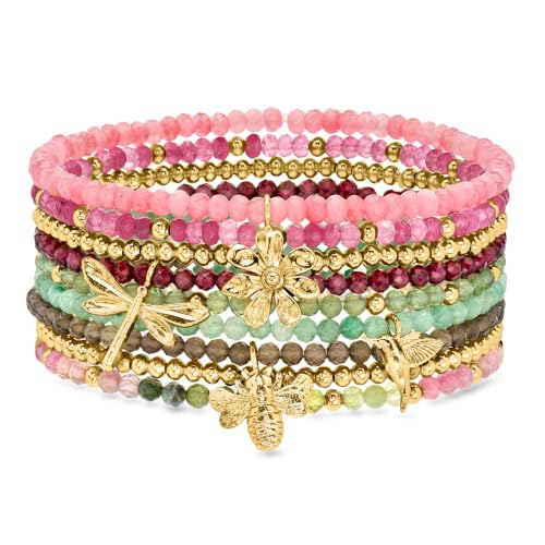Ross-Simons Multi-Gemstone and 14kt Yellow Gold-Plated Jewelry Set: 9 Bead Stretch Bracelets With Nature Charms. 7 inches