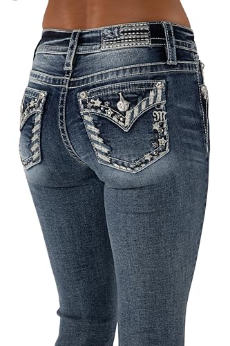 Miss Me Women's Heritage Star Border Embellished Faux Flap Pockets Mid-Rise Capri Jeans (Dark Blue, 33W x 23L)4