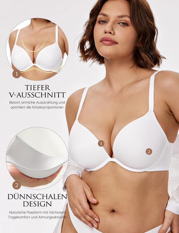 Wingslove Damen Super Push Up BH mit Bügel Dünn Gepolstert Nahtlos Tief-V Großgrößen T-Shirts Bustier (Schnee-Weiß, 85E) 2