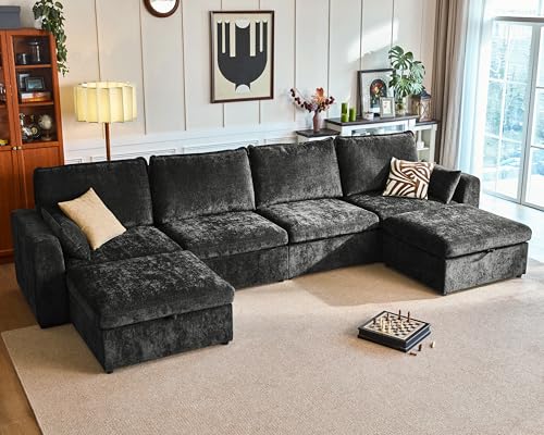 Image of 160.6'' Oversized Modular Sofa Comfy Cloud Couch with Storage, Extra Deep Plush Sectional Sofa Set U-Shaped for Living Room, Covers Washable, 6-Seater with 2 Ottomans, Chenille, Black