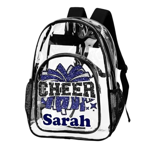 Custom Name Cheerleader Glitter Print Clear Backpack, Personalized PVC See Through Transparent Bookbag for Boys Girls, Waterproof Cheer Navy Daypack for Concert, Travel2