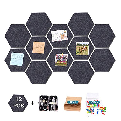 12 Pcs Thickened Felt Hexagon Tile Board,Memo Board,Kids Cork Board,with Adhesive on Back Hexagon Bulletin Board,Pin Board-for Office,Home,Bedroom and Shop(7.9Ã—6.8'')+Notepad+50 pcs Pin