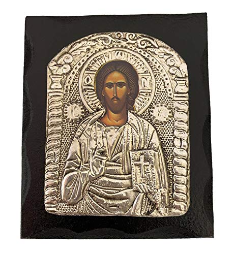 Christian Orthodox Solid Wood-Metallic icon of Jesus Christ Handmade From Greece (12 X 10 cm or 4.7 X 3.94 in)