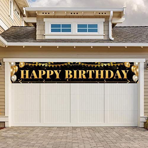 image for TZSS Large Happy Birthday Decoration Banner, Black and Gold Happy Birt
