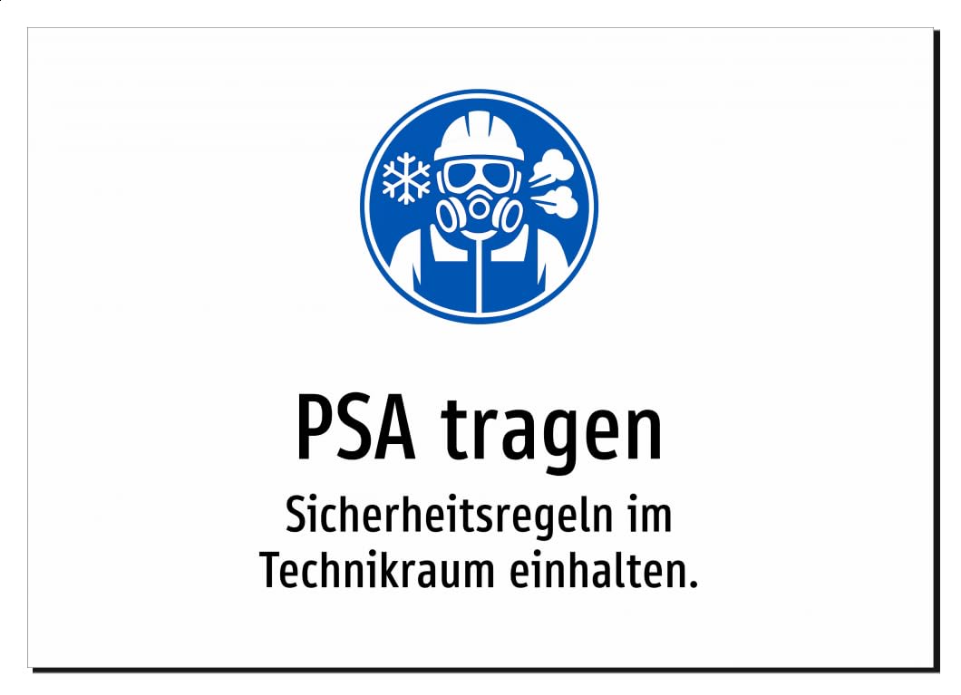 35168-DE-S-07 | PSA tragen - Sicherheitsregeln im Technikraum einhalten | Aluminiumschild A4, 297 x 210mm | mit Symbolgrafik und Text