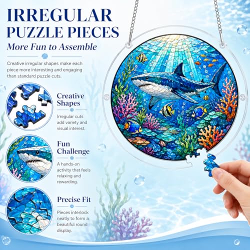 Puzzle de Acrílico Ocean Jigsaw Suncatcher para Adultos, Rompecabezas de Ventana de Vidrio Teñido de 7.48 Pulgadas, Decoración de Puzzles de Animales Marinos para Amantes del Océano (Tiburón) miniatura 4