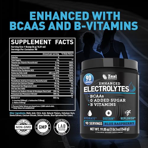 Image of Zeal Electrolyte Powder - 90 Servings | Keto Electrolytes Powder | Zero Sugar, BCAAs, B-Vitamins | Potassium, Zinc, Magnesium | Hydration Powder Recovery Drink | Blue Raspberry
