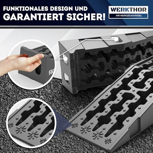 WERKTHOR Auffahrrampe Pkw – [2er Set] Auffahrrampen Pkw für maximalen Halt – Robuste Hebebühne Auto für jeden Untergrund – Auffahrkeile für sicheres Arbeiten – Perfekt für Fahrzeuge [5T]