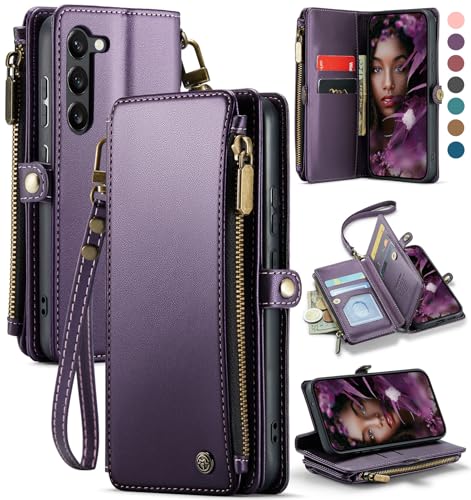 Defencase Compatible with Samsung Galaxy S23 Case Wallet with RFID Blocking Card Holder for Women Men Soft PU Leather Magnetic Snap Flip Zipper Strap Wallet Phone Case Fit for Galaxy S23 6.1 Purple