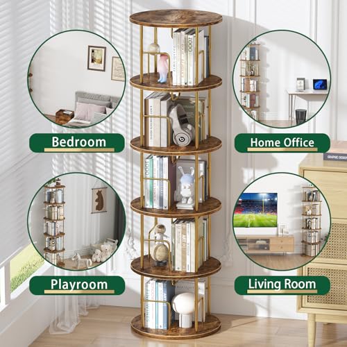 5Tier Rotating Bookshelf, 360 ° Display Stackable Spinning Bookshelf Tower,Round Space Saving Tall Floor Standing Swivel Bookcase Corner Storage Organizer for Bedroom/Living Room/Office,Gold - Image 5