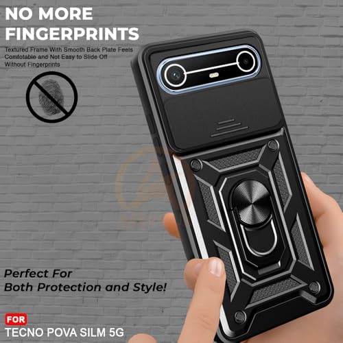 Image of Armor Bumper Back Cover Case for Tecno Pova Slim 5G Rotating Camera Cover, Ring Holder & Kickstand | Heavy Duty & 360 Degree Protection Tecno Pova Slim 5G Back Cover (Black)