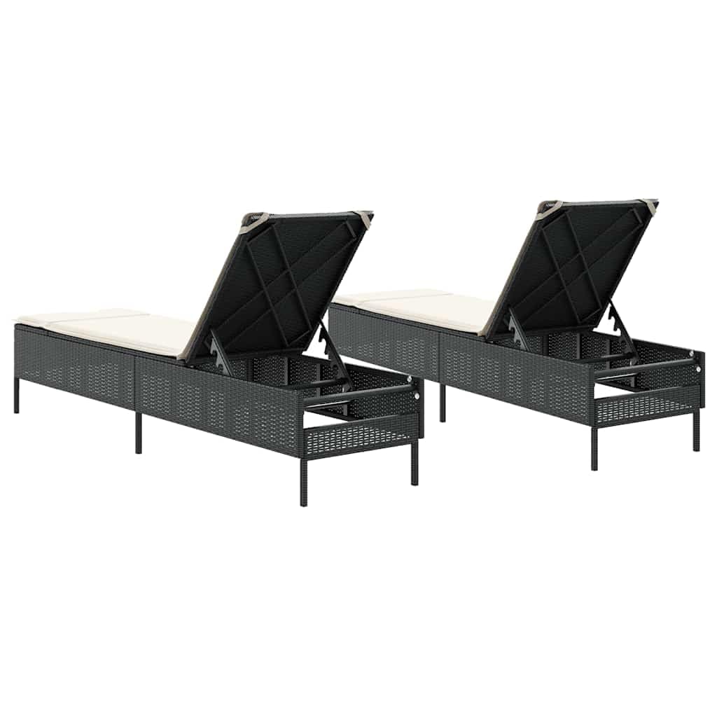 Tumbonas con cojines, 2 unidades, color negro, resina trenzada, chaise longue de jardín, respaldo ajustable en 5 posiciones, baño de sol, muebles para playa, terraza, balcón