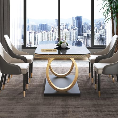 Image of 6-Seater Dining Table with Nano Composite Marble Top and PVC Golden Wooden Base |2yr Warranty - Includes 6 Fabric Upholstered Chairs (Grey&Cream)